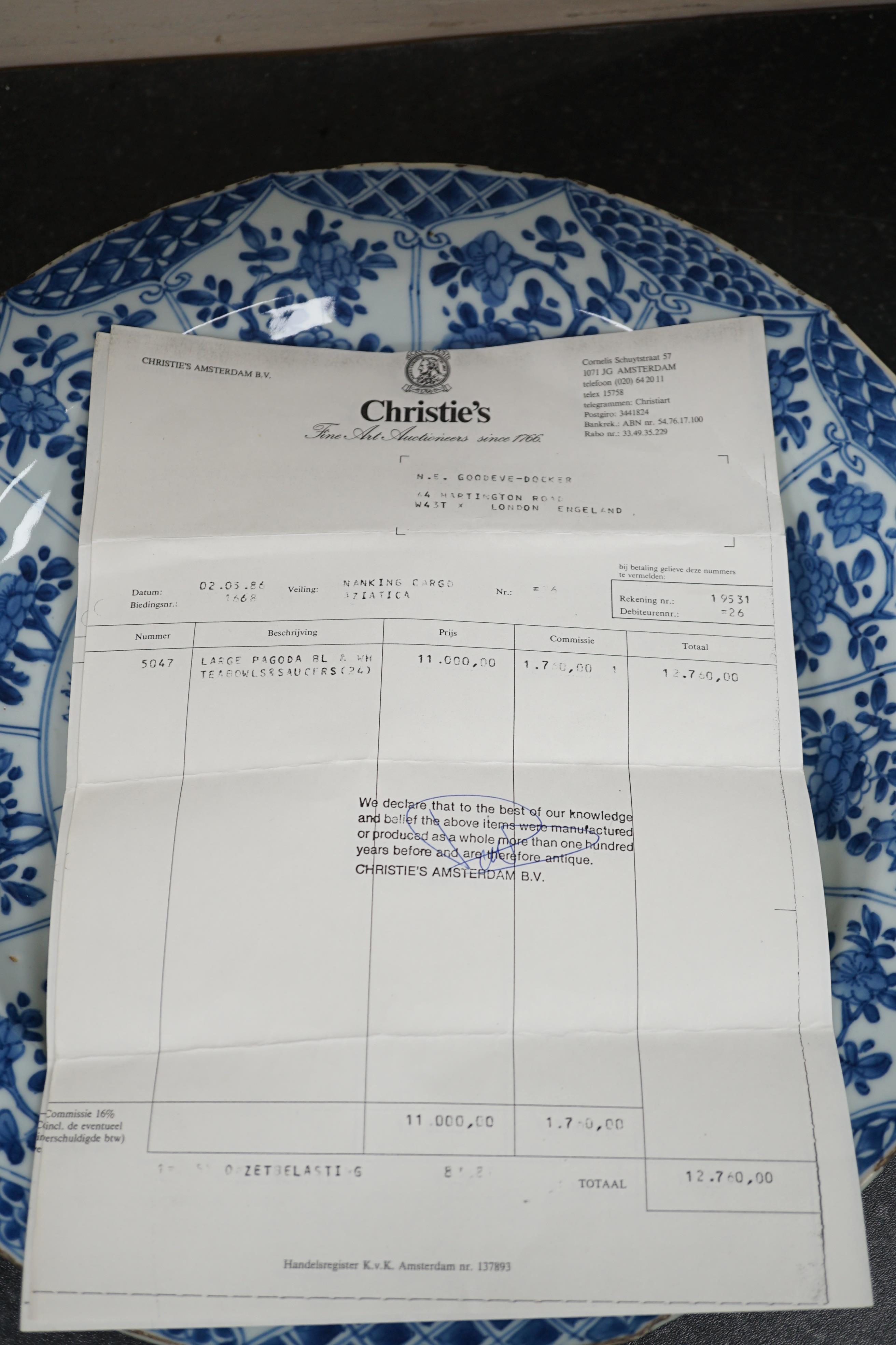 A set of twenty four Chinese Nanking Cargo blue and white ‘large pagoda’ tea bowls and saucers, Qianlong period